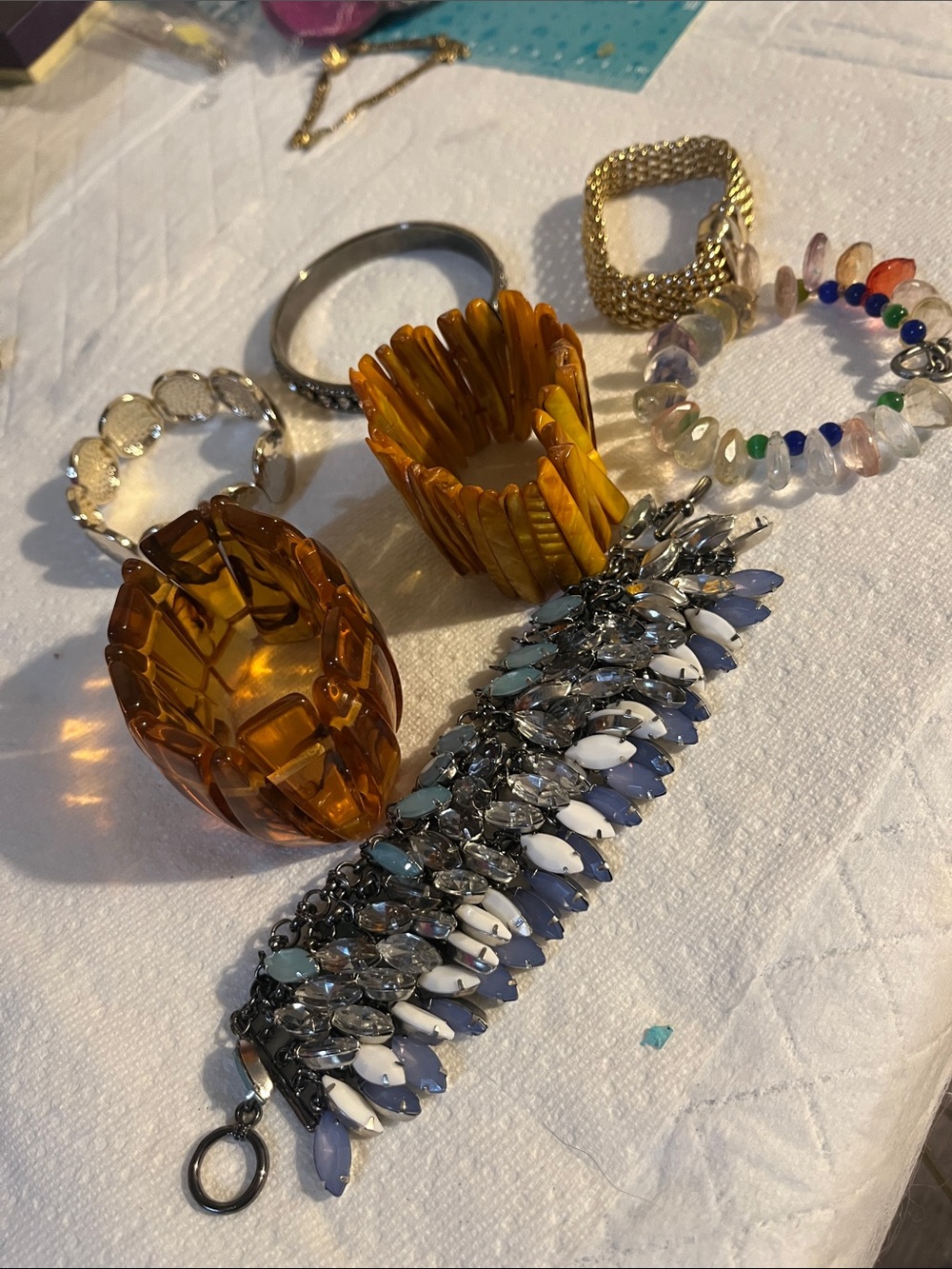 Vintage Multicolor Crystal and Amber Resin Bracelet Set
